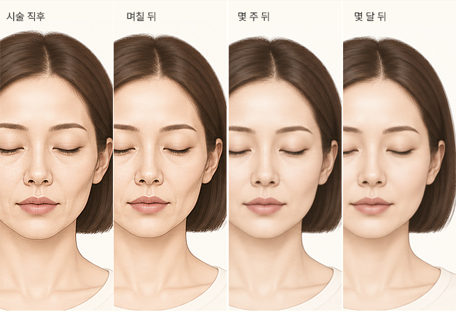 콜라겐 부스터: 시술 직후, 며칠 뒤, 몇 주 뒤, 몇 달 뒤의 변화 모식도